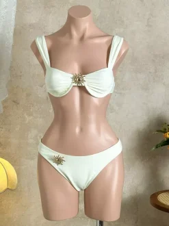 3 Piece Bikini Set With Sun Ornament & Ruffle Wrap Sarong Skirt Cover Up