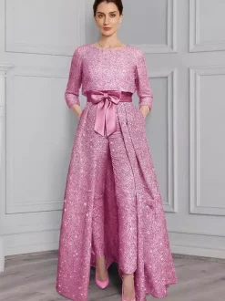 3 Pieces Mother Dress Jumpsuits Jewel Neck 3/4 Length Sleeves A-Line Bows Wedding Guest Dresses