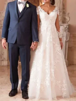 A Line Wedding Dress V-Neck Long Sleeves Lace Court Train Bridal Gowns Free Customization
