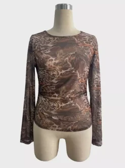 Abstract Print Mesh Slim Fit Long Sleeve Crew Neck Top For Women 2026