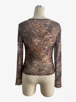 Abstract Print Mesh Slim Fit Long Sleeve Crew Neck Top For Women 2026