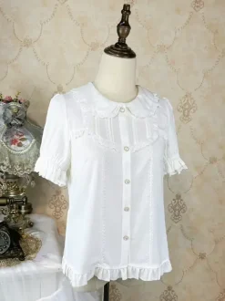 Academic Lolita Blouses Black Short Sleeves Ruffles Lace Lolita Top Lolita Shirt