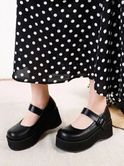 Academic Lolita Footwear Black Round Toe PU Leather Daily Casual Lolita Pumps