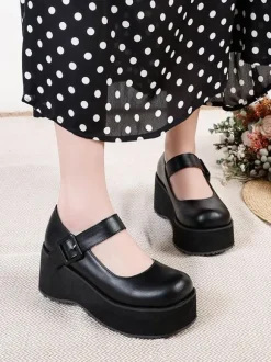 Academic Lolita Footwear Black Round Toe PU Leather Daily Casual Lolita Pumps