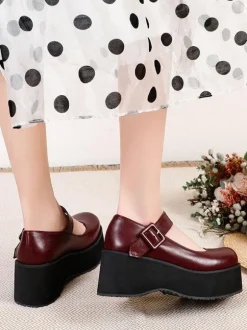 Academic Lolita Footwear Black Round Toe PU Leather Daily Casual Lolita Pumps