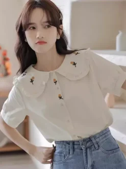 Academic Lolita Blouses Ruffles Embroidered Short Sleeves Blouse Lolita Top White Lolita Shirt