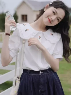 Academic Lolita Blouses Ruffles Embroidered Short Sleeves Blouse Lolita Top White Lolita Shirt