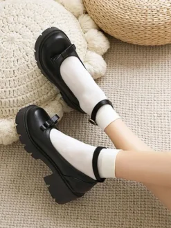 Academic Lolita Footwear Black Round Toe PU Leather Lolita Pumps
