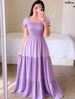 A-Line Dress Smocked Short Sleeves Tiered Ruffles Summer Maxi Dresses