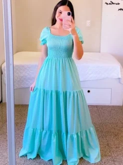 A-Line Dress Smocked Short Sleeves Tiered Ruffles Summer Maxi Dresses