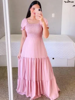 A-Line Dress Smocked Short Sleeves Tiered Ruffles Summer Maxi Dresses
