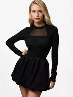 A-line Dress With Bubble Hem Mock Neck Long Sleeves Sheer Birthday Party Short Dress For Women 2026