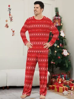 All Red White Fair Isle Print Family Christmas Pajamas Matching Set 2026