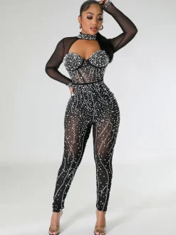 Alluring Jumpsuit Rhinestones Sheer Long Sleeves Skinny Rompers