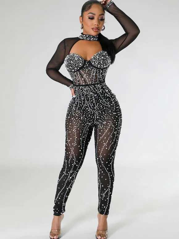 Alluring Jumpsuit Rhinestones Sheer Long Sleeves Skinny Rompers