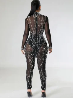 Alluring Jumpsuit Rhinestones Sheer Long Sleeves Skinny Rompers