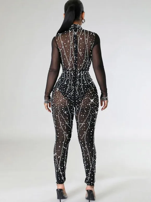Alluring Jumpsuit Rhinestones Sheer Long Sleeves Skinny Rompers