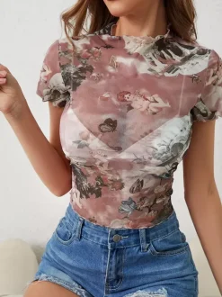 Angel Cupid Print Lettuce Trim Mesh Short Sleeve Slim Tee For Women 2026