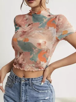 Angel Cupid Print Lettuce Trim Mesh Short Sleeve Slim Tee For Women 2026