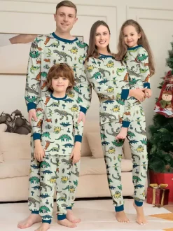 Animal Printed Pajamas Round Neck Long Sleeves Cuffs 2 Pieces Set