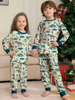 Animal Printed Pajamas Round Neck Long Sleeves Cuffs 2 Pieces Set
