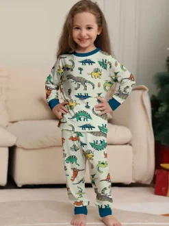 Animal Printed Pajamas Round Neck Long Sleeves Cuffs 2 Pieces Set