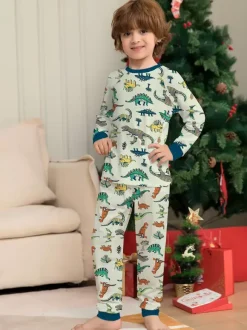 Animal Printed Pajamas Round Neck Long Sleeves Cuffs 2 Pieces Set