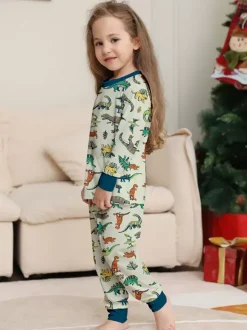 Animal Printed Pajamas Round Neck Long Sleeves Cuffs 2 Pieces Set