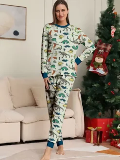 Animal Printed Pajamas Round Neck Long Sleeves Cuffs 2 Pieces Set