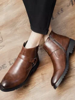 Ankle Boots For Men Burnished Toe Side Zip Harness Anti-slip Waterproof Shoes
