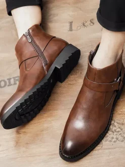 Ankle Boots For Men Burnished Toe Side Zip Harness Anti-slip Waterproof Shoes