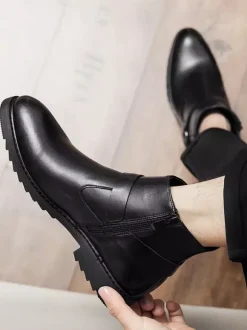 Ankle Boots For Men Burnished Toe Side Zip Harness Anti-slip Waterproof Shoes