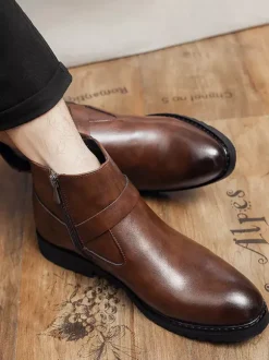 Ankle Boots For Men Burnished Toe Side Zip Harness Anti-slip Waterproof Shoes