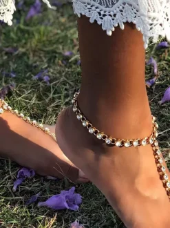 A Pair Anklet Sparkle Crystal Metal Base Beach Barefoot Sandal