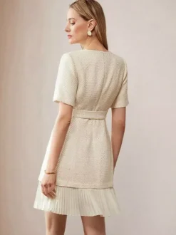 Apricot Tweed Dress With Short Sleeves And Gold Buttons For Summer 2026