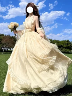 Apricot Fairy Lolita Dresses Sleeveless Halter Back Bow Prom Lolita Tea Party Dress