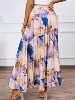 Artistic Print Pleated Maxi Skirt For Women 2026