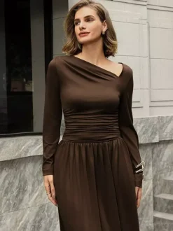 Asymmetric Neckline Long Sleeve Maxi Dress For Women 2026