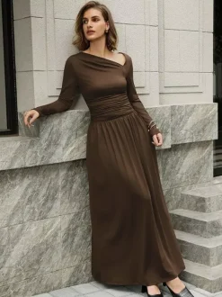 Asymmetric Neckline Long Sleeve Maxi Dress For Women 2026