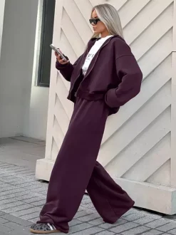 Athleisure Set For Active Women - Plum Hooded Zip-up Wide Leg Tracksuit - 2026 Spring Lounge & Yoga Wear