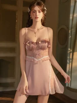 Babydolls Lingerie Sexy Blush Pink Satin Lace Backless Tulle Sexy Nightgown
