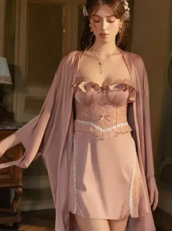 Babydolls Lingerie Sexy Blush Pink Satin Lace Backless Tulle Sexy Nightgown