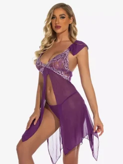 Babydolls Lingerie Women Purple Pleated Sheer Chiffon Sexy Sleepwear