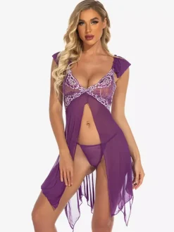 Babydolls Lingerie Women Purple Pleated Sheer Chiffon Sexy Sleepwear