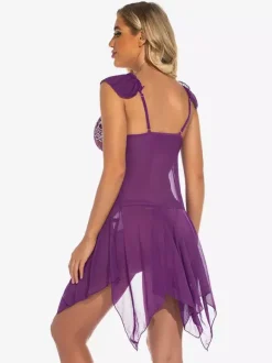 Babydolls Lingerie Women Purple Pleated Sheer Chiffon Sexy Sleepwear