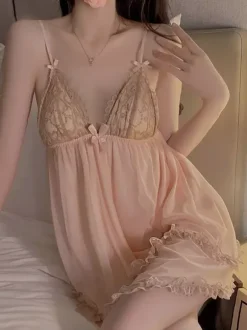 Babydolls Lingerie Women Green Lace Backless Tulle Sexy Nightgown