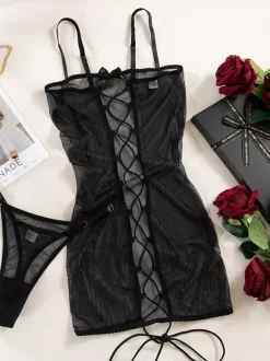 Babydolls Lingerie Babydoll For Woman Black Bows Backless Mesh Sexy Chemises