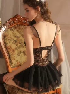 Babydolls Lingerie For Woman Pink Lace Backless Tulle Sexy Nightgown