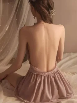 Babydolls Lingerie For Woman Pink Lace Backless Tulle Sexy Nightgown