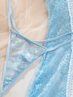 Babydolls Lingerie Light Sky Blue Lace Floral Print Sheer Dress